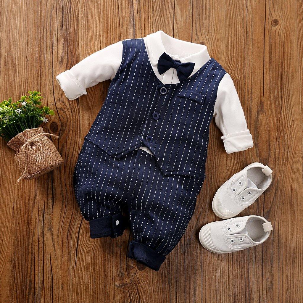 Baby Boy 100% Cotton Gentleman Bow tie Striped Jumpsuit NZ - Yara clothing nz