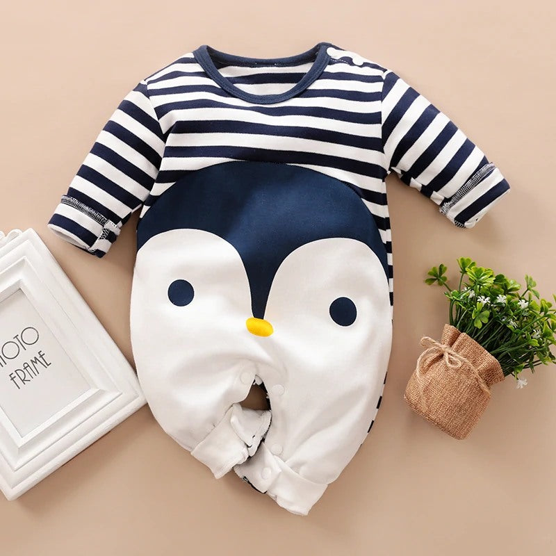 Penguin Print Stripes Long-sleeve Jumpsuit for Baby