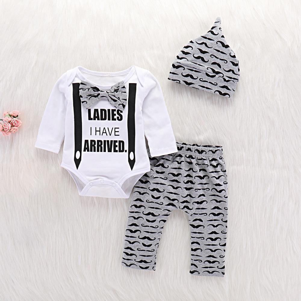 3-piece Baby Boy Bow Bodysuit and Moustache Pants with Hat Set NZ - Yara clothing nz