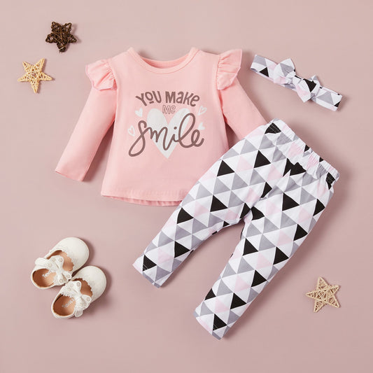 3-piece Letter Print Long-sleeve Top and Geo Print Pants Set