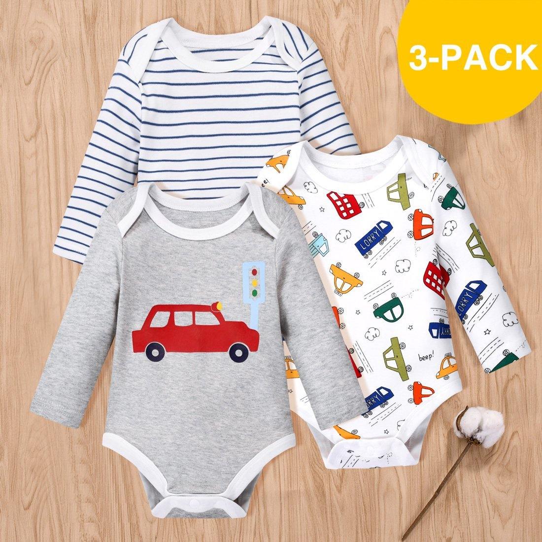 100% Cotton	3-Pack Car or Stripe Print Long-sleeve Rompers - Yara clothing nz