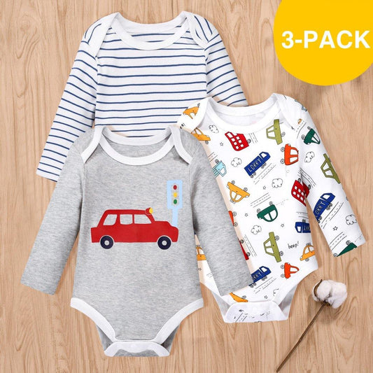 100% Cotton	3-Pack Car or Stripe Print Long-sleeve Rompers - Yara clothing nz