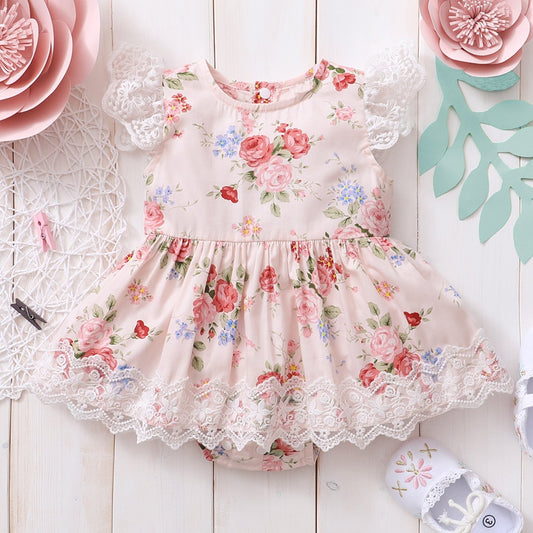 Baby Girl Floral Print Flutter-sleeve Lace Dress Romper