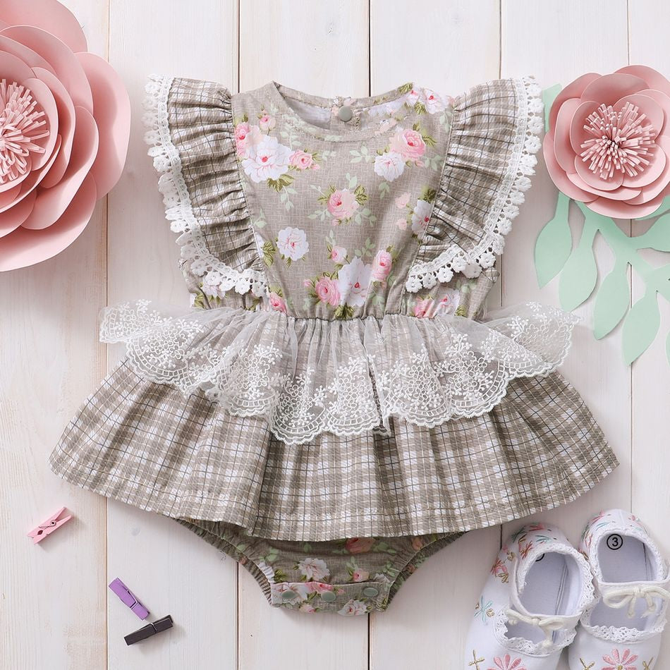 100% Cotton Baby Girl Lace Flutter-sleeve Dress Romper