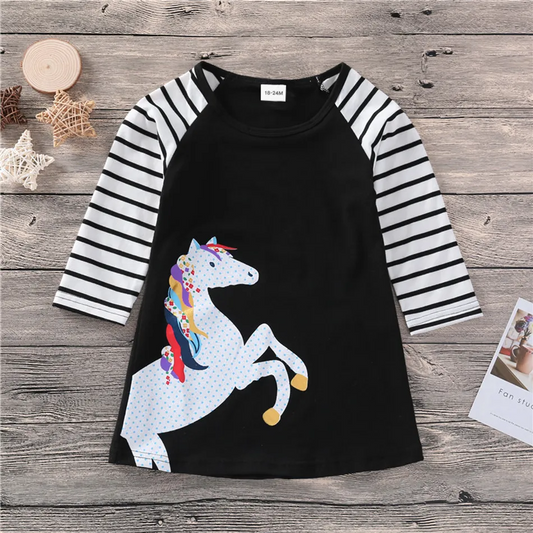 100% Cotton Striped Unicorn Print Long-sleeve Dress