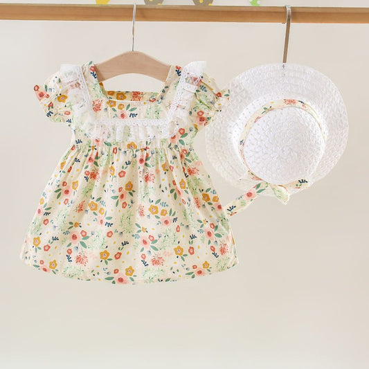 2pcs Baby/ Toddler Girl Floral Allover Lace Decor Dress with Hat