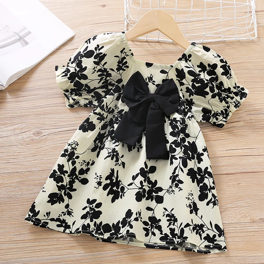 Toddler Girl Leaf Print Bowknot Decor Ruffled Short-sleeve Dress
