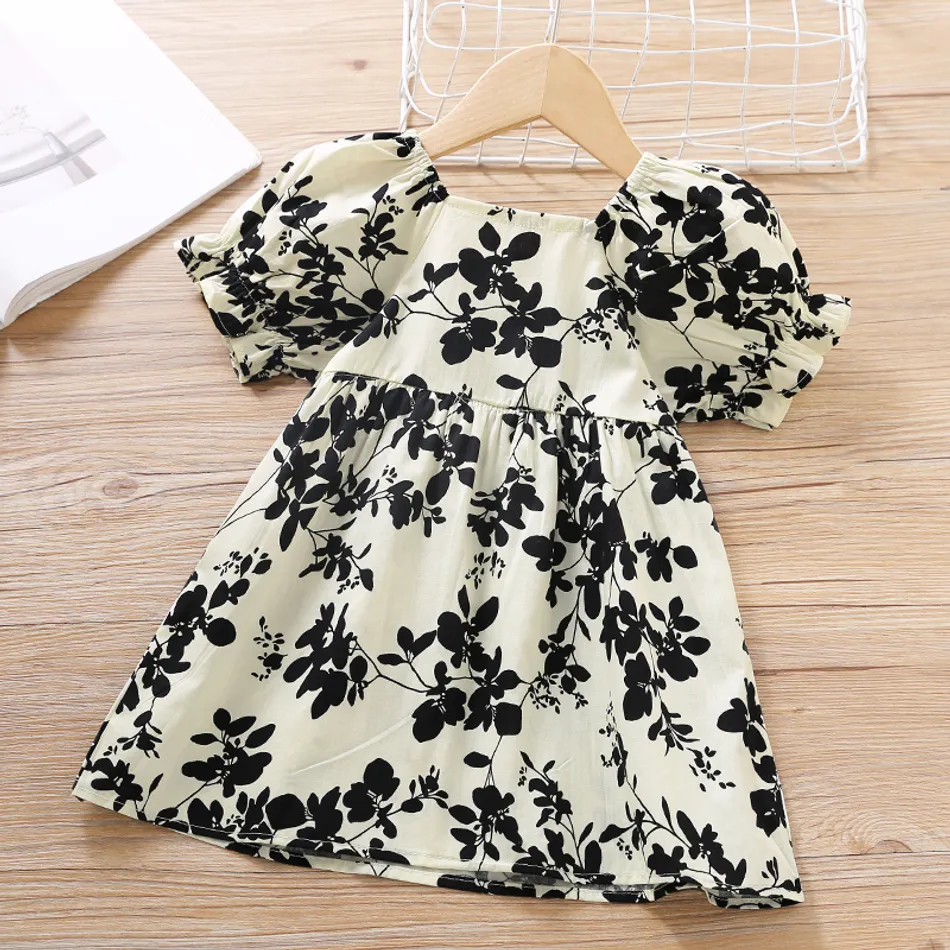 Toddler Girl Leaf Print Bowknot Decor Ruffled Short-sleeve Dress