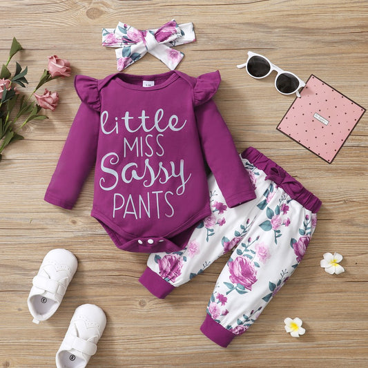 3pcs Letter and Floral Print  Long-sleeve Baby Romper Set