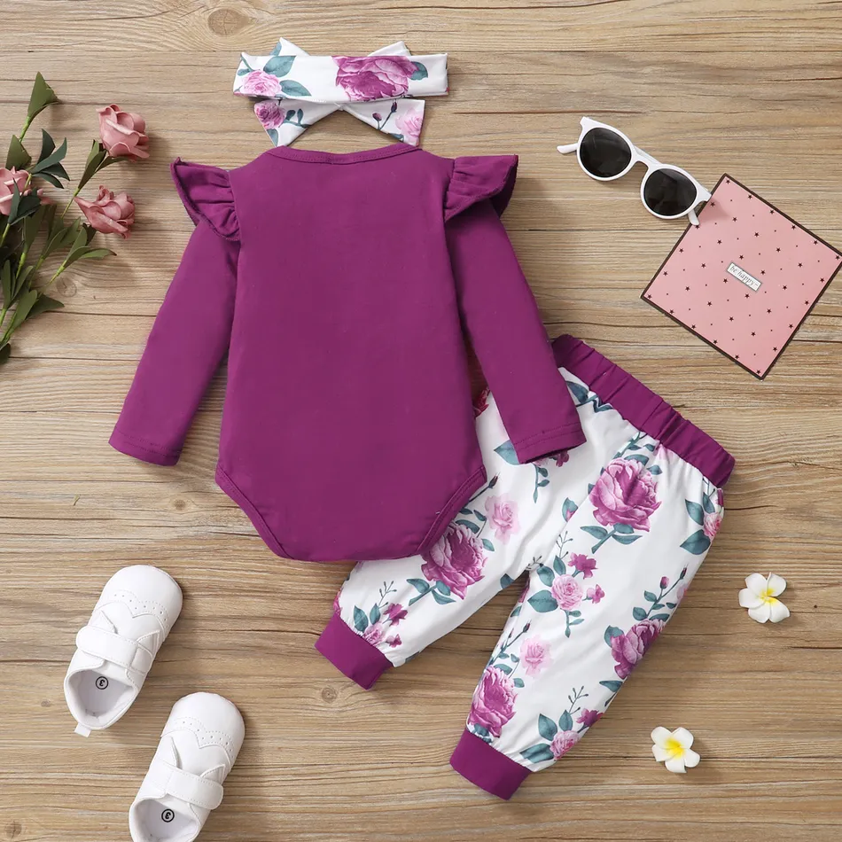 3pcs Letter and Floral Print  Long-sleeve Baby Romper Set