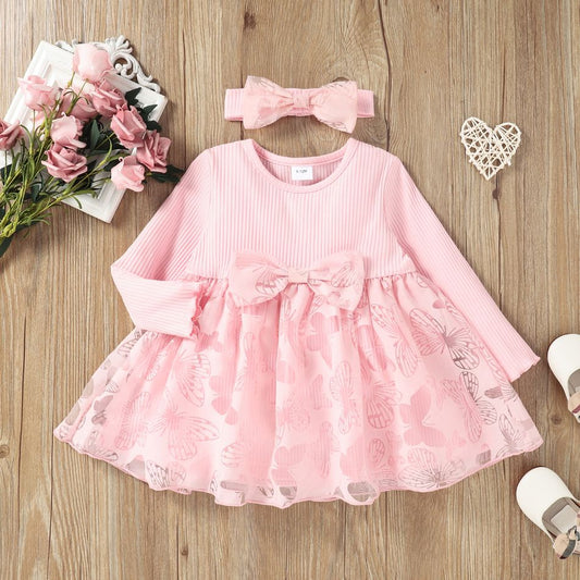 Baby/ Toddler Pink Ribbed Splicing Bowknot Tulle Dress and Headband
