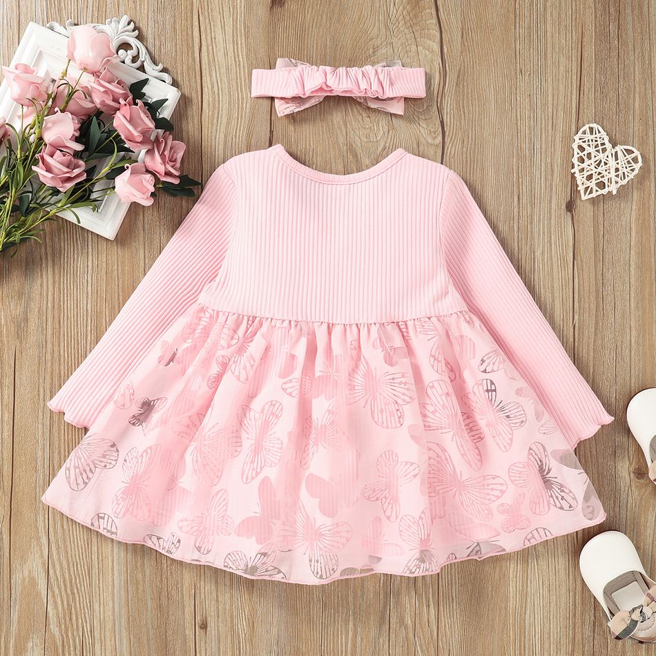Baby/ Toddler Pink Ribbed Splicing Bowknot Tulle Dress and Headband