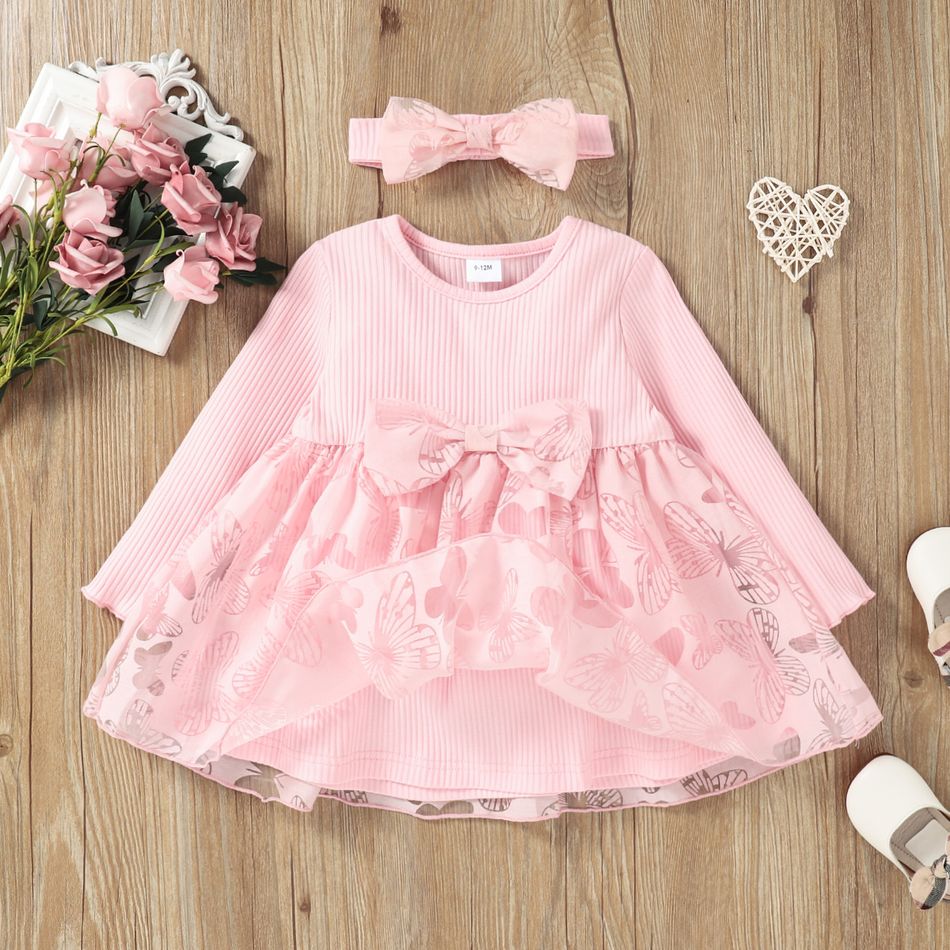Baby/ Toddler Pink Ribbed Splicing Bowknot Tulle Dress and Headband