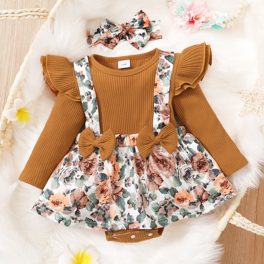 Baby Girl  Ribbed Romper and Floral Print Bowknot Suspender Skirt Set