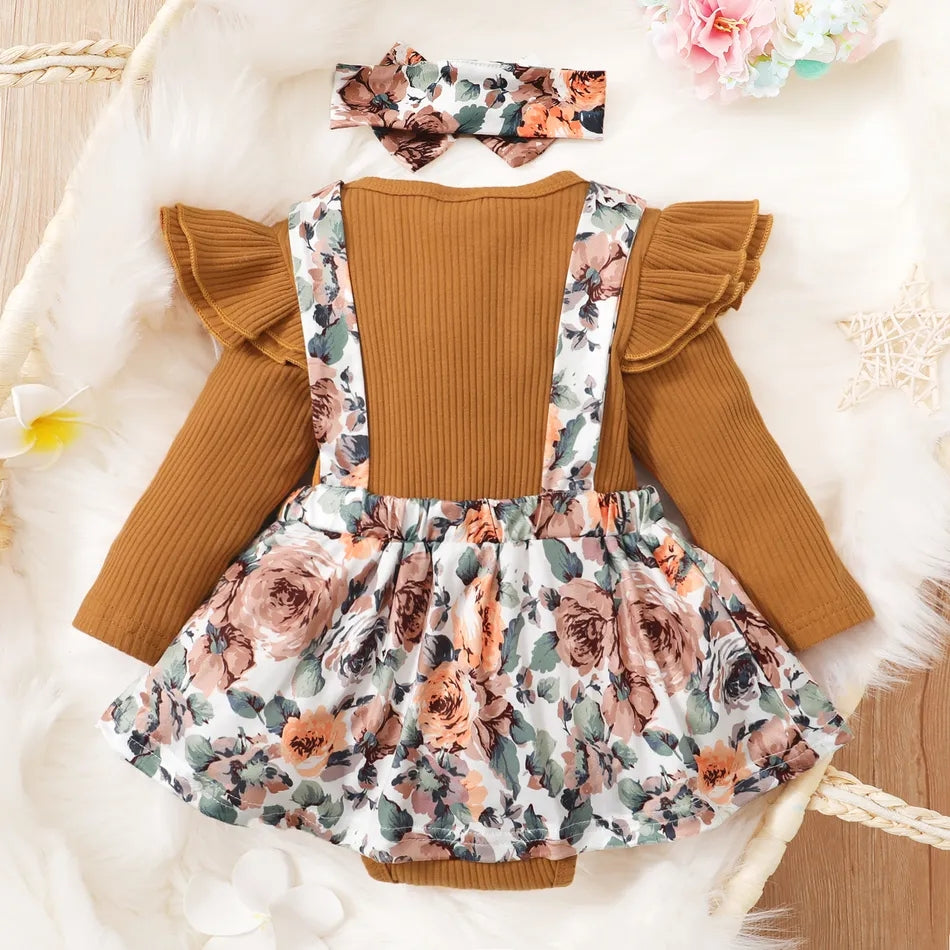 Baby Girl  Ribbed Romper and Floral Print Bowknot Suspender Skirt Set