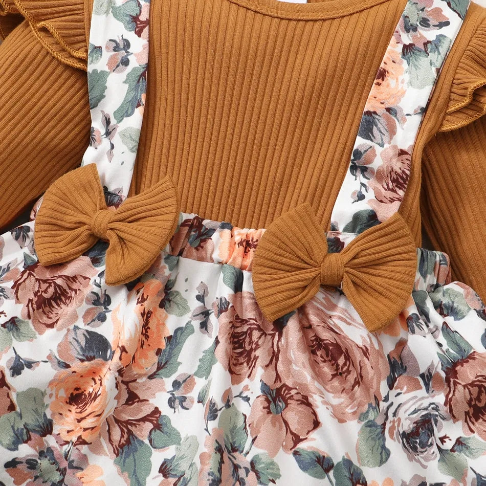 Baby Girl  Ribbed Romper and Floral Print Bowknot Suspender Skirt Set