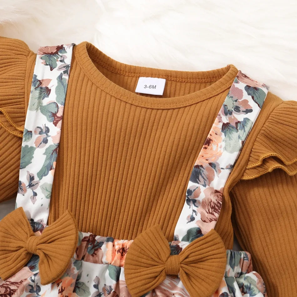 Baby Girl  Ribbed Romper and Floral Print Bowknot Suspender Skirt Set
