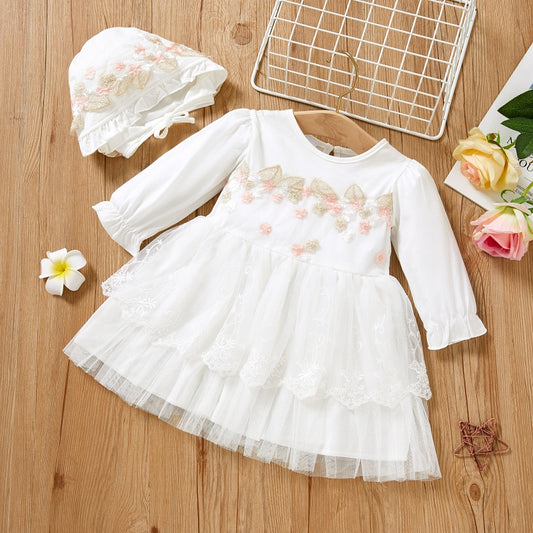 Baby Girl Princess Party/Baptism Floral Embroidered Dress and Hat