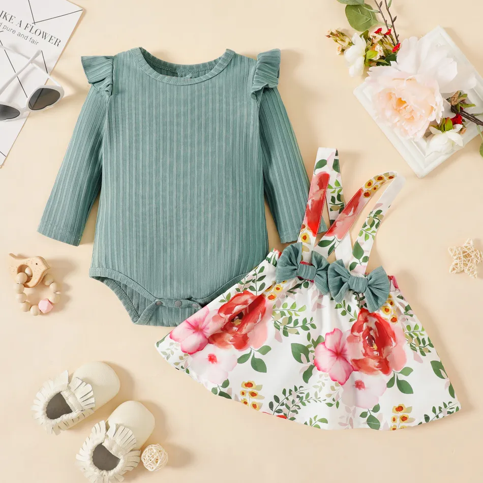 2pcs Baby Girl Ribbed Romper and  Bowknot Suspender Skirt Set