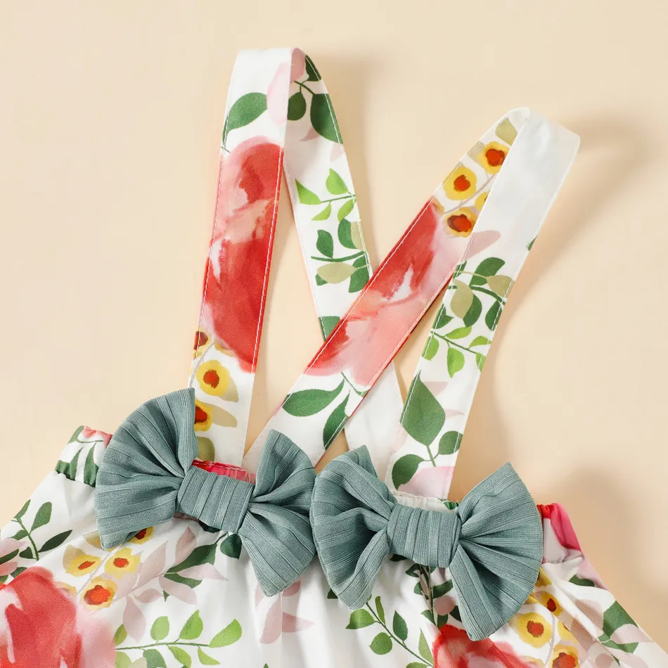 2pcs Baby Girl Ribbed Romper and  Bowknot Suspender Skirt Set