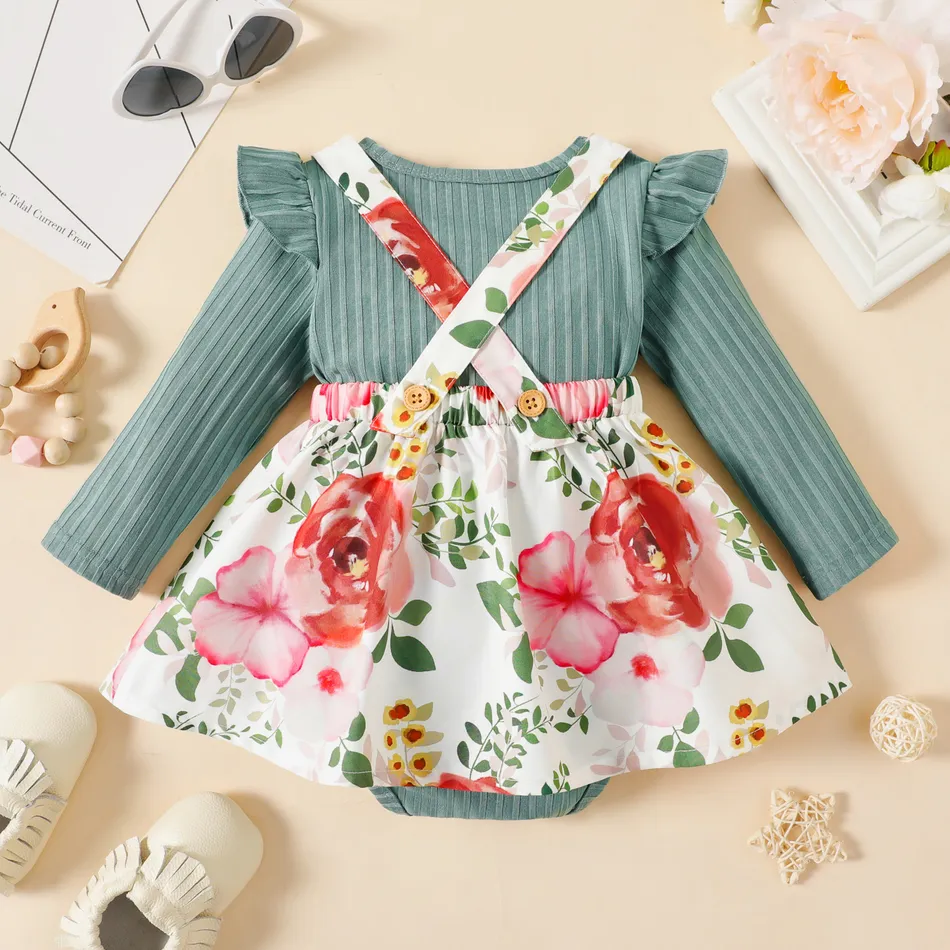 2pcs Baby Girl Ribbed Romper and  Bowknot Suspender Skirt Set