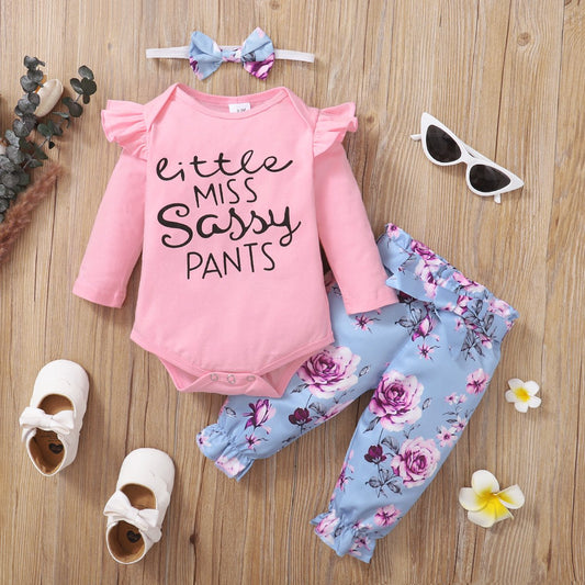 3pcs Baby Cotton Romper and Floral Print Trousers Set
