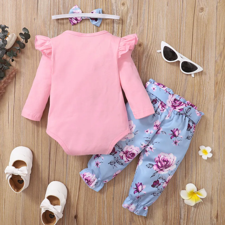 3pcs Baby Cotton Romper and Floral Print Trousers Set