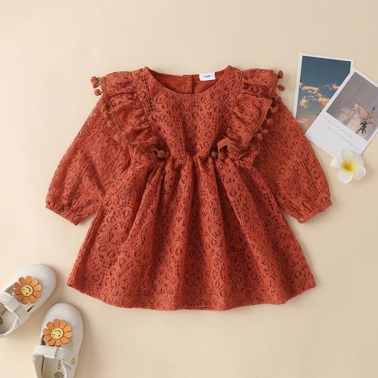 100% Cotton Floral Lace Pom Poms Long sleeve Dress