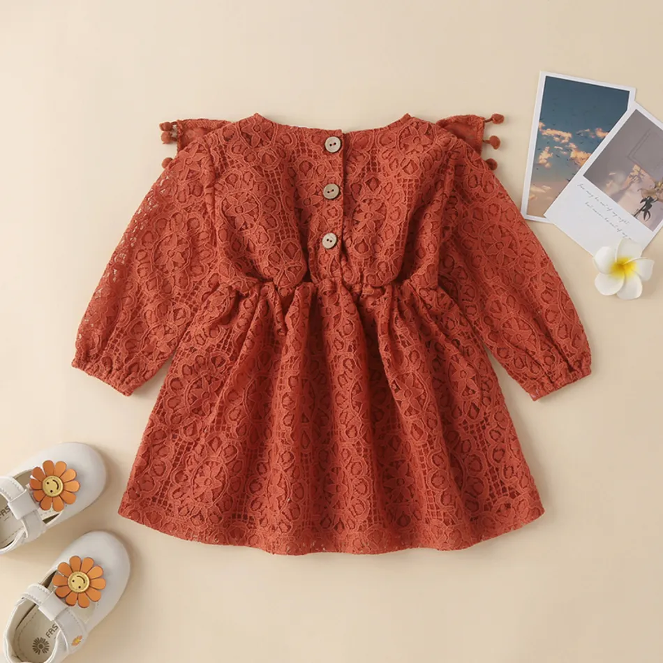 100% Cotton Floral Lace Pom Poms Long sleeve Dress