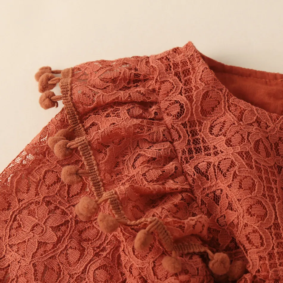 100% Cotton Floral Lace Pom Poms Long sleeve Dress