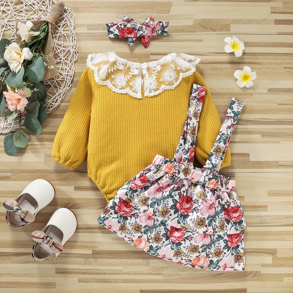 Baby Girl Long-sleeve Romper and Floral Print Layered Suspender Skirt 3pcs Set