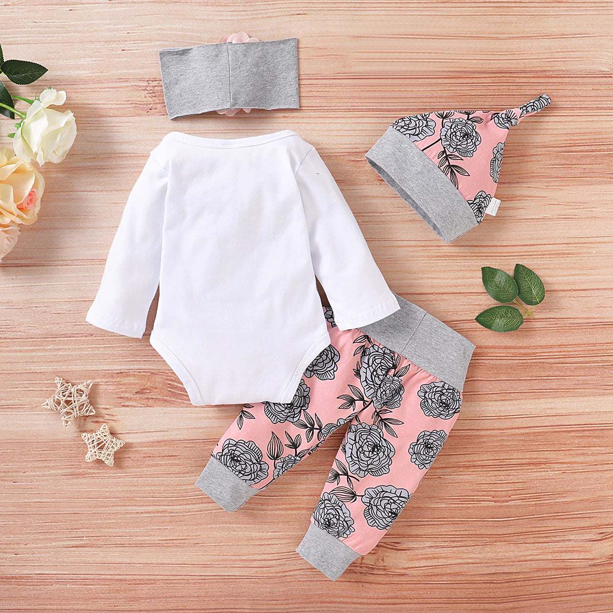 Baby Girl Long-sleeve Bodysuit and Pants with Hat 3-piece Set