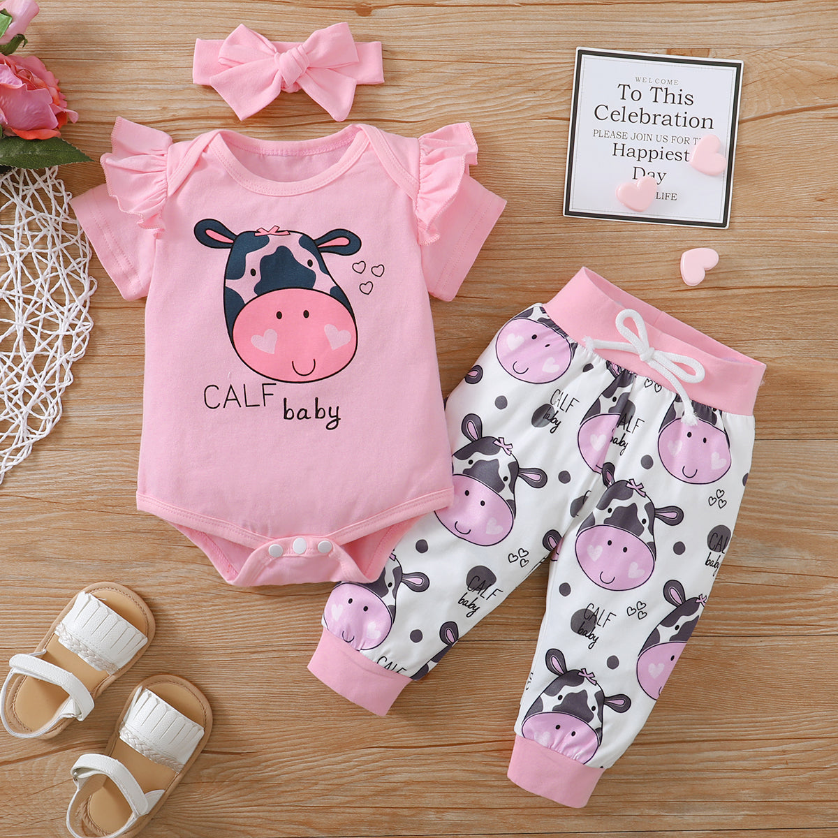 3pcs Baby Calf Print Romper Set and head band