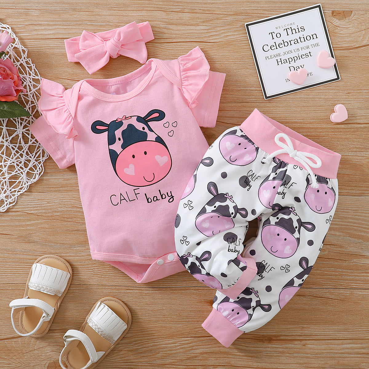 3pcs Baby Calf Print Romper Set and head band