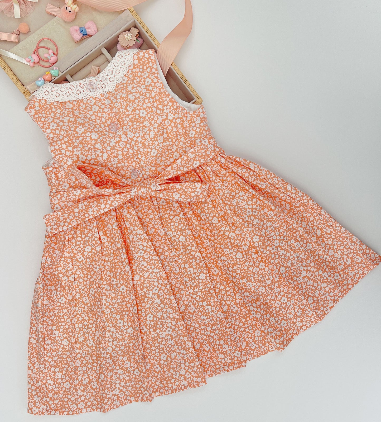Orange  Floral Print Smocked Dress