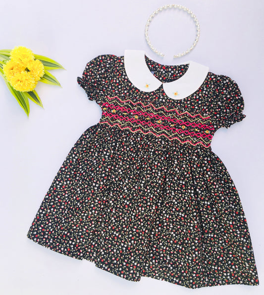 Black Coloured Floral Print Smocked Dress For cute little girls