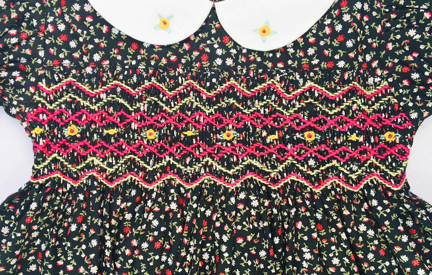 Black Coloured Floral Print Smocked Dress For cute little girls