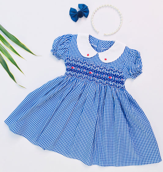 Girls Blue Check Smocked Dress