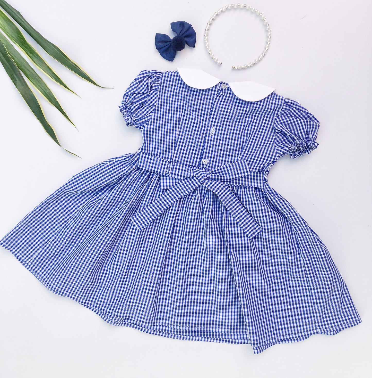 Girls Blue Check Smocked Dress