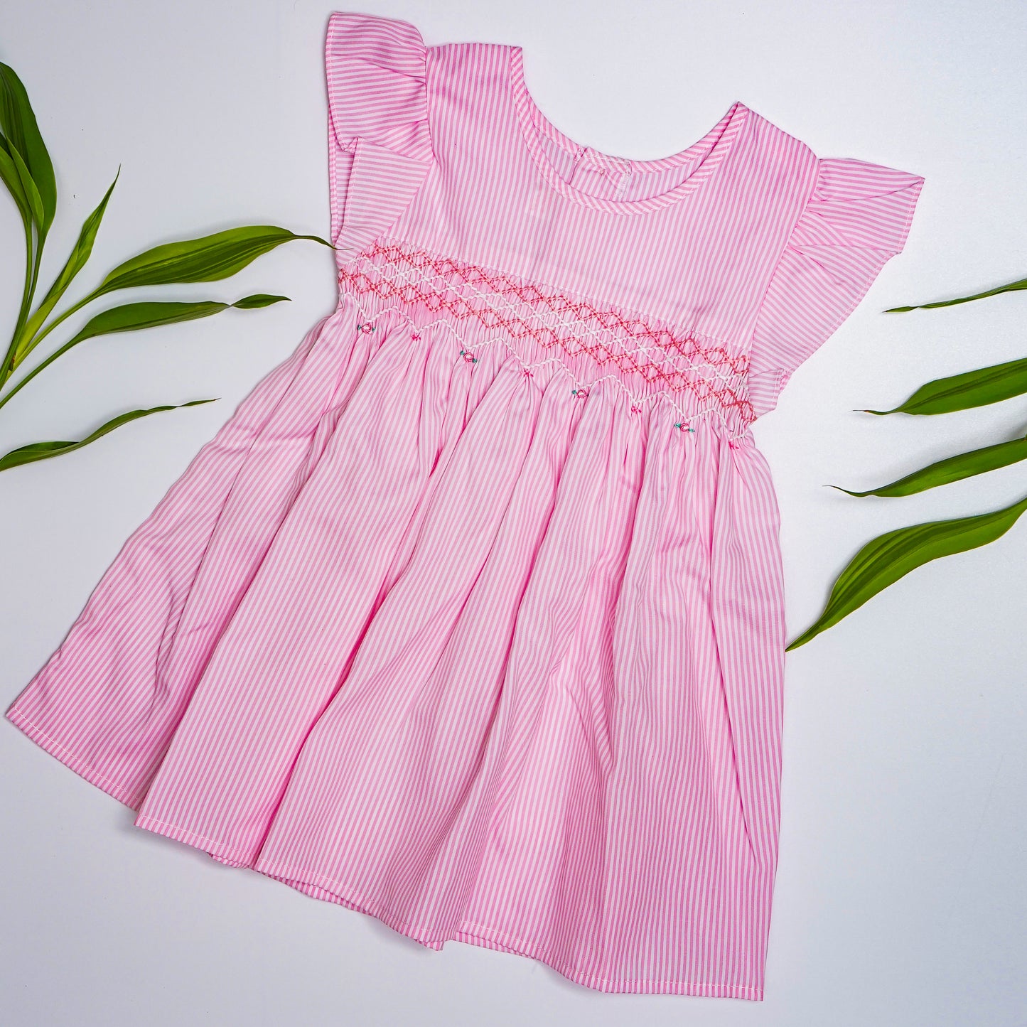 Pink Flutter sleeve Smocked Dresses for Girls
