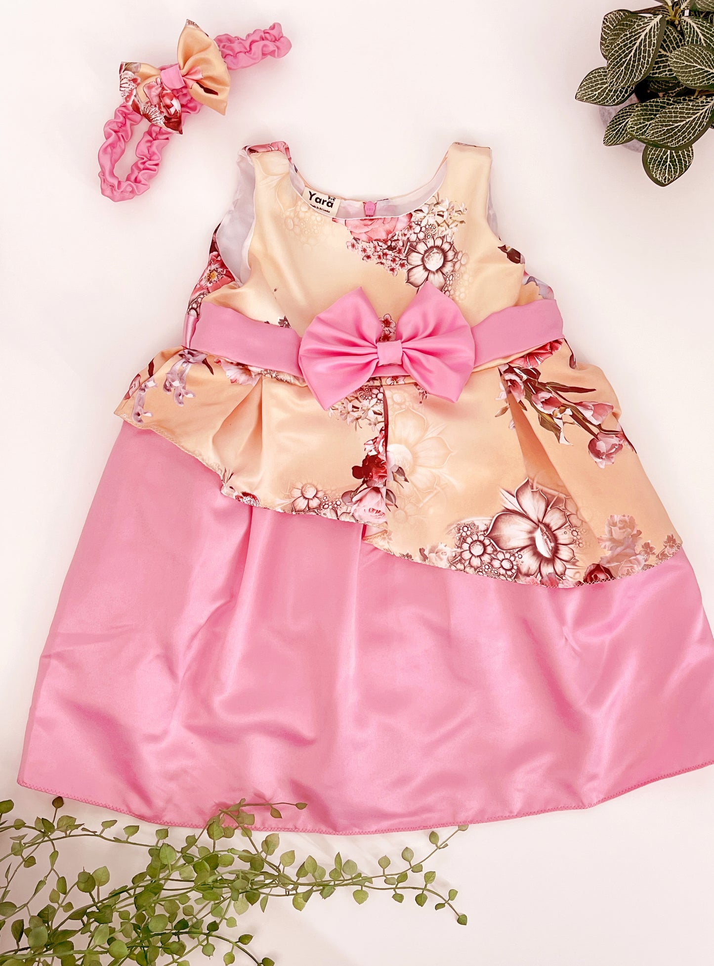 Kids Girls Floral Printed Bowknot Party Dress and Hairband