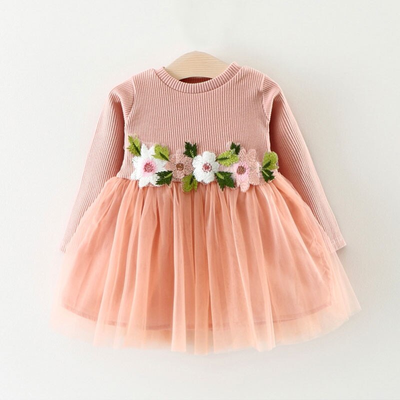 Long-sleeve Tutu Dress with Flower Decor For Baby and Toddler Girls