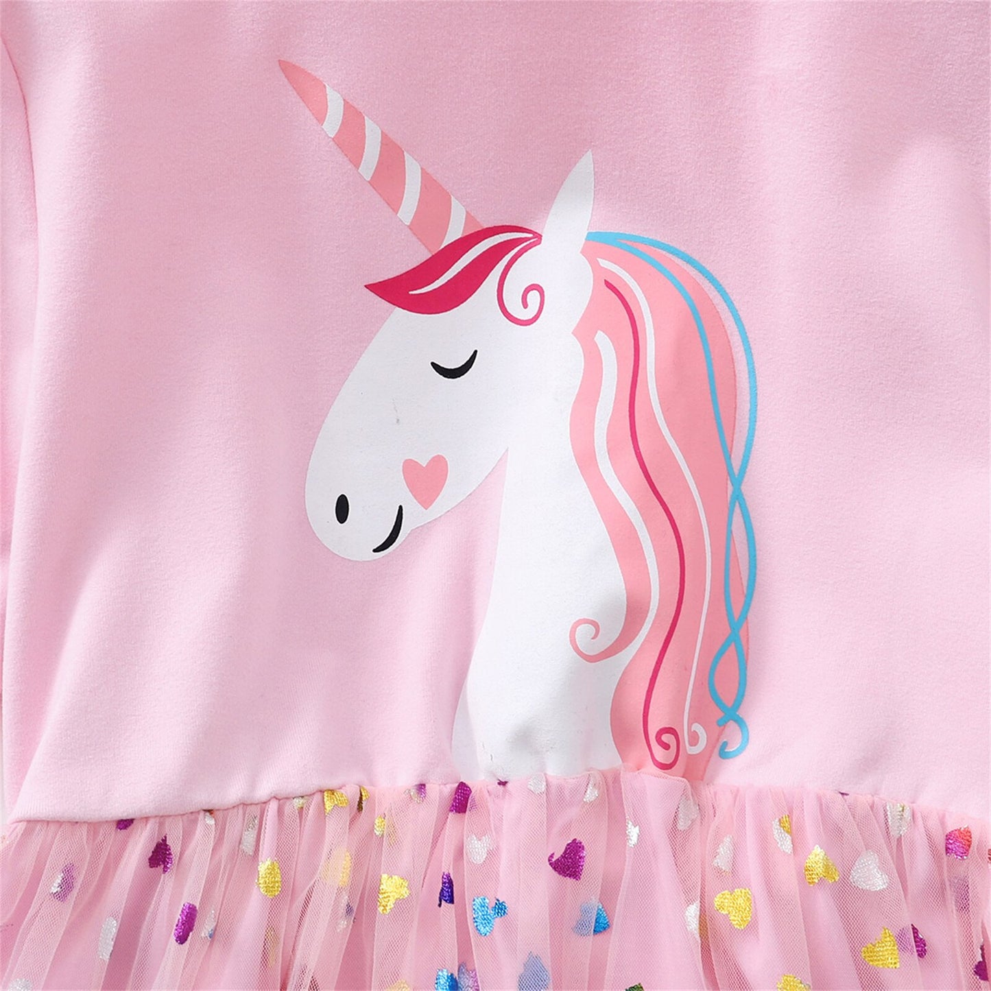 Girls Unicorn Print Long-sleeve Mesh Dress