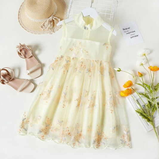 Girl Floral Embroidery Zipper Mesh Costume Party Dress