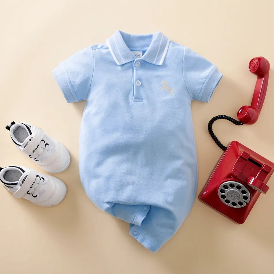 Light Blue Embroidery Lapel Collar Short-sleeve Baby Jumpsuit